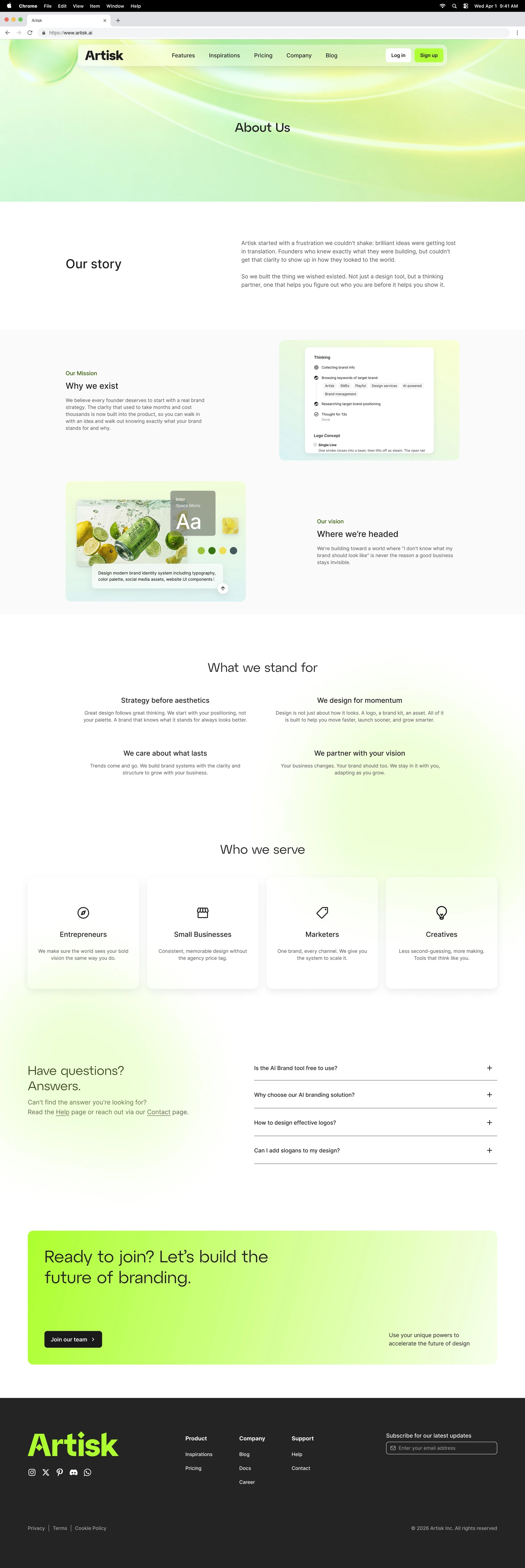 Final design — Artisk About page, full length