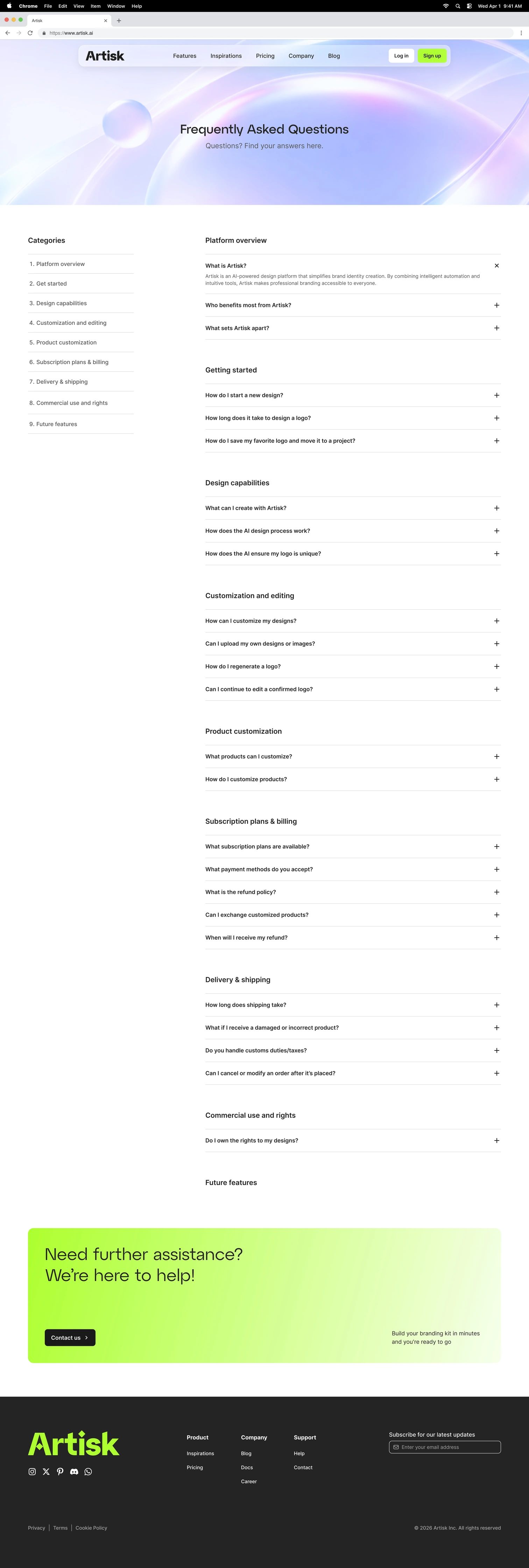 Final design — Artisk FAQ page, full length