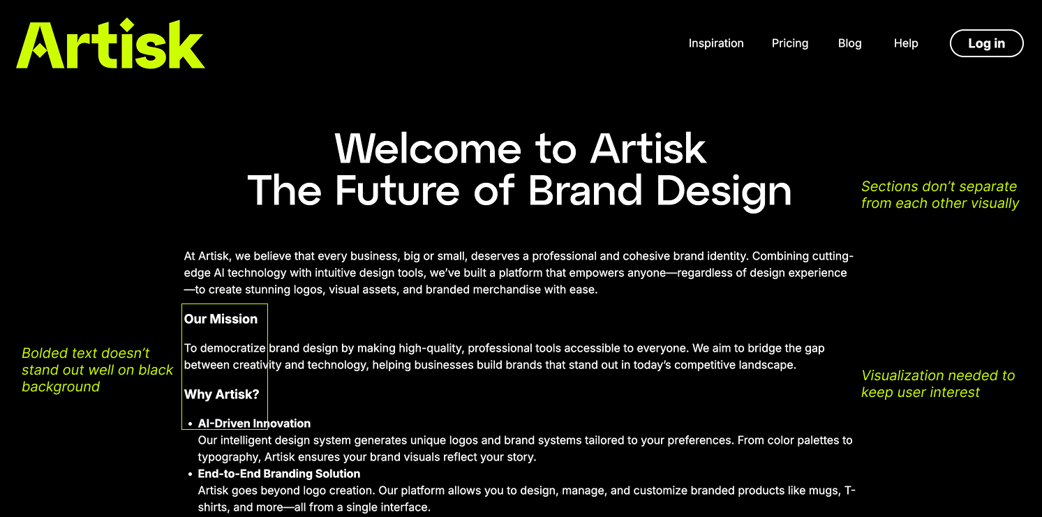 Artisk About page before the redesign