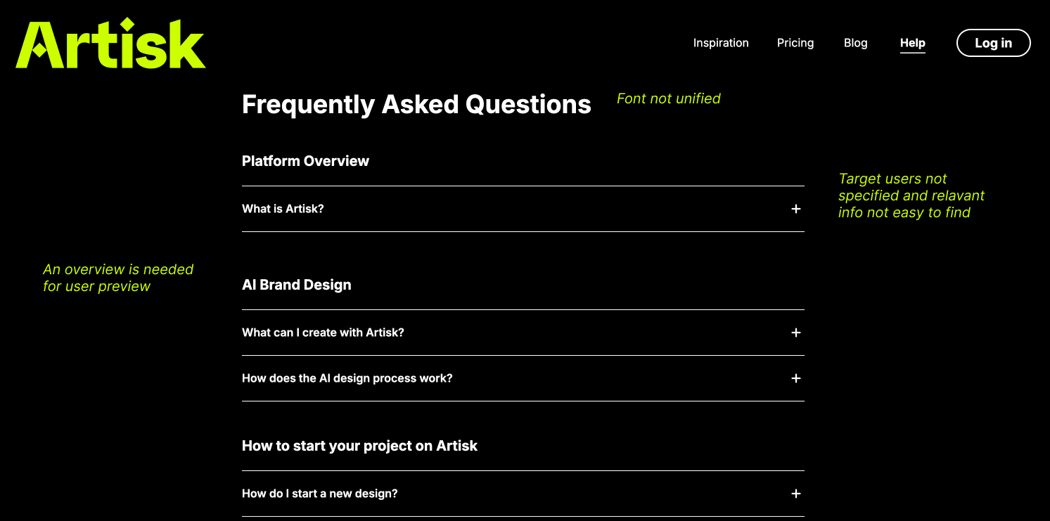 Artisk FAQ page before the redesign