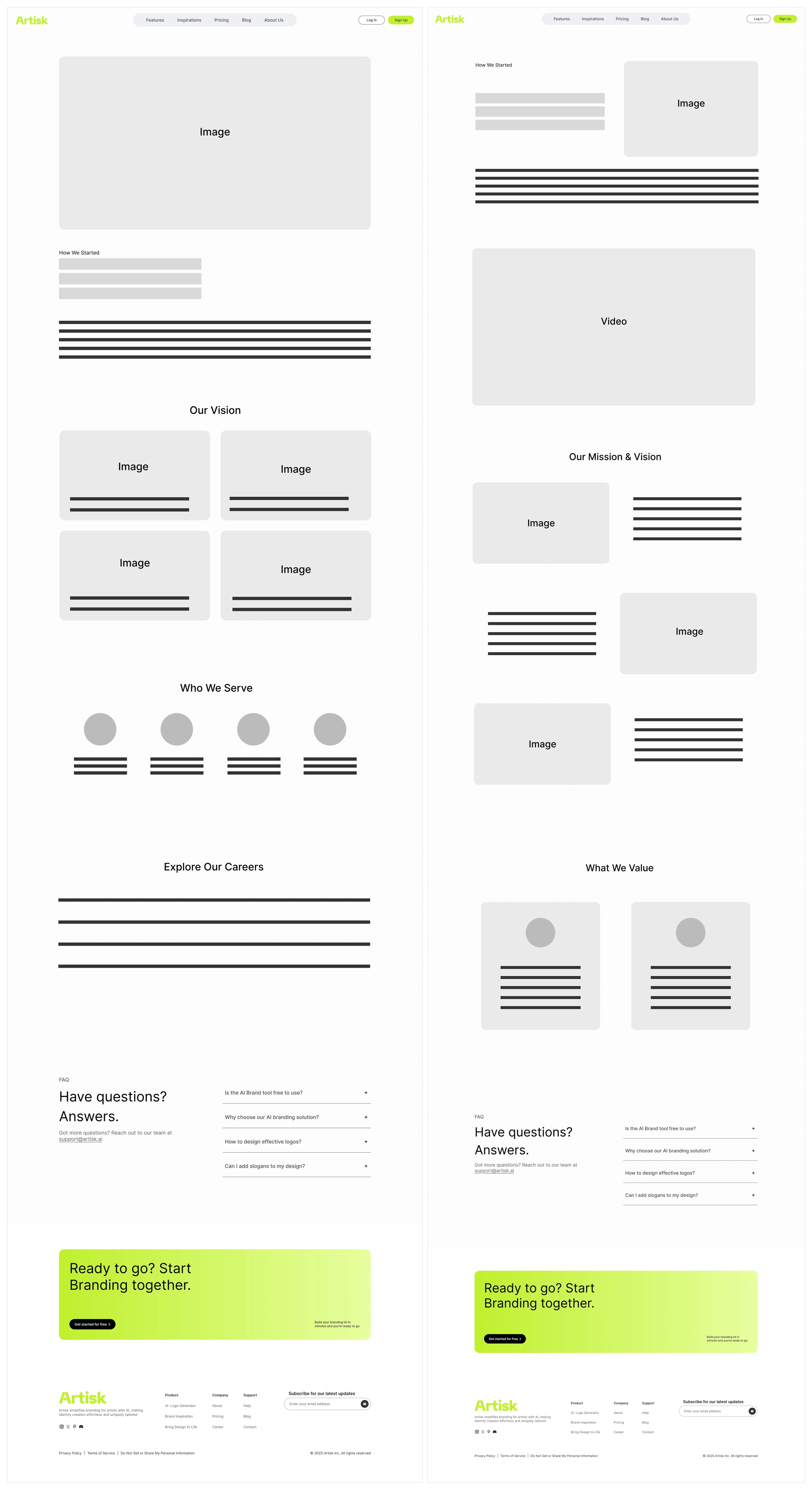Two About page wireframe variants side by side