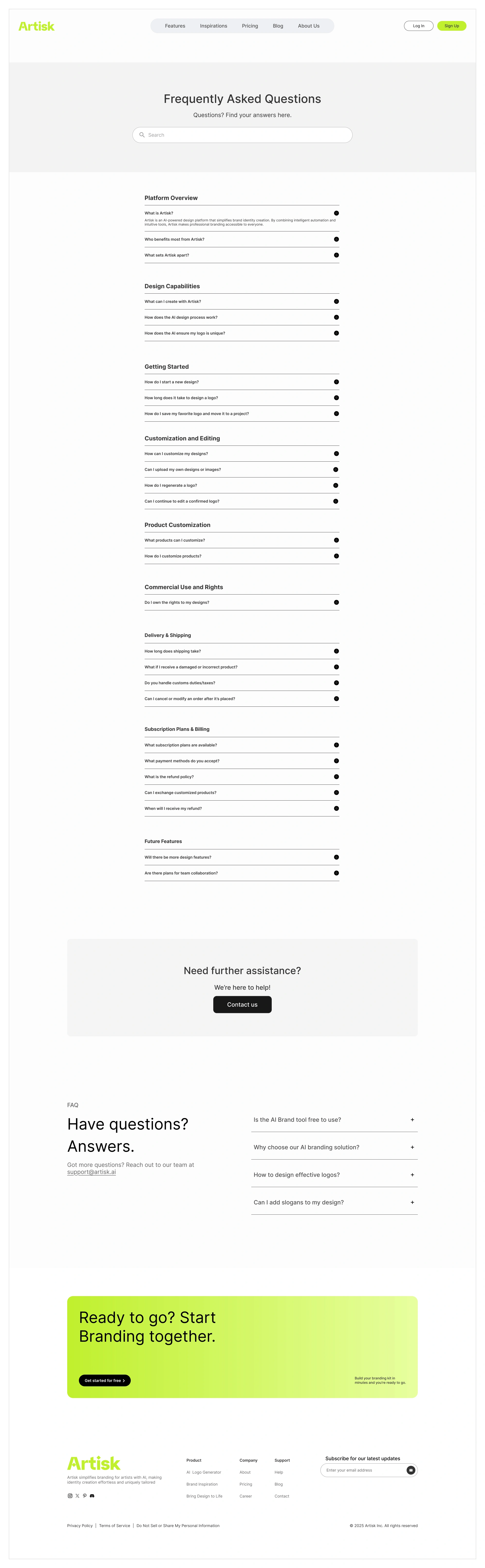 FAQ wireframe showing questions grouped into categories