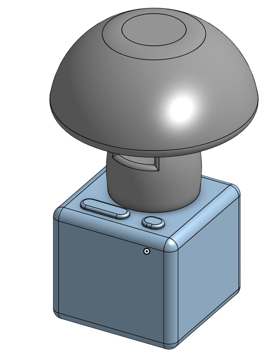 Lumino final 3D design — mushroom nightlight with intercom button, play button, and silicone top