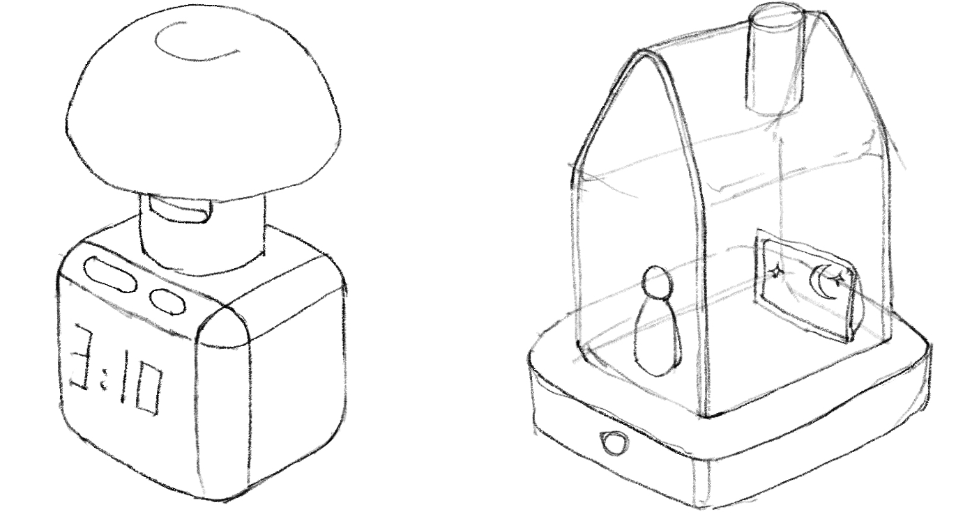 Sketch of the mushroom nightlight: a dome-shaped top on a cube base with two buttons and a clock display
