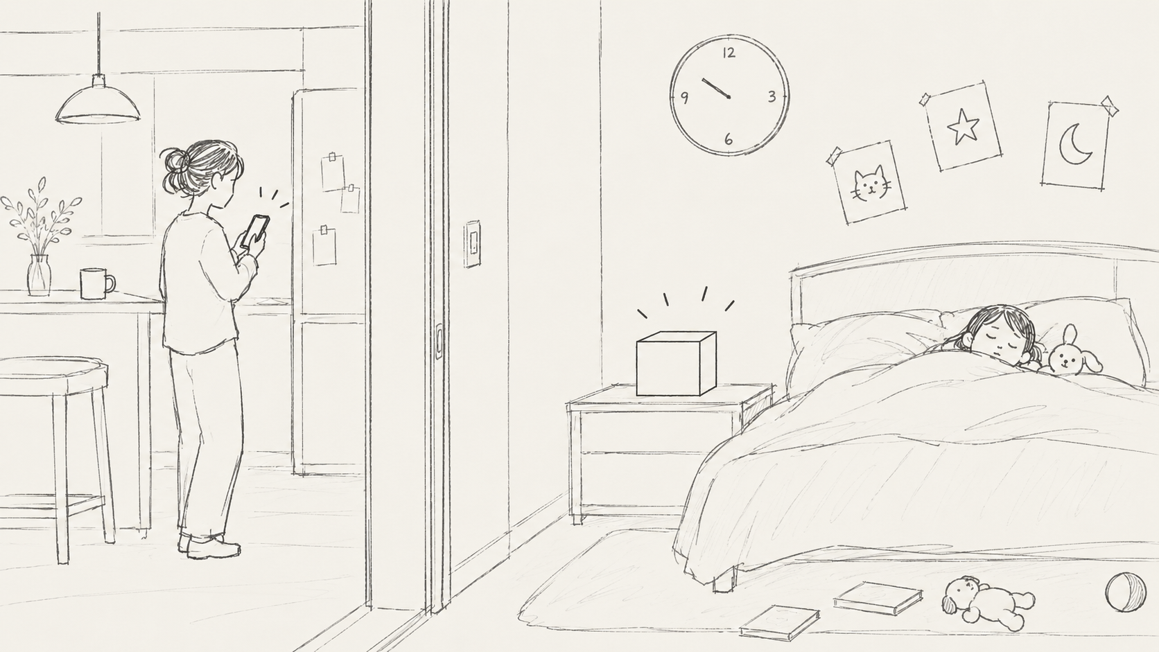 Lumino bedtime scenario showing a parent using the app while a child sleeps beside the device